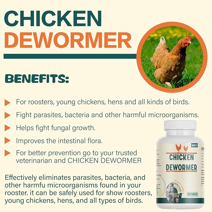 Jmxu's Chicken Dewormer, All Natural Formula Poultry Dewormer, Safeguard Chicken Medicine for Laying Hens, Chicks, Roosters, Turkeys to Relieve and Prevent Worms, 120 Tablets