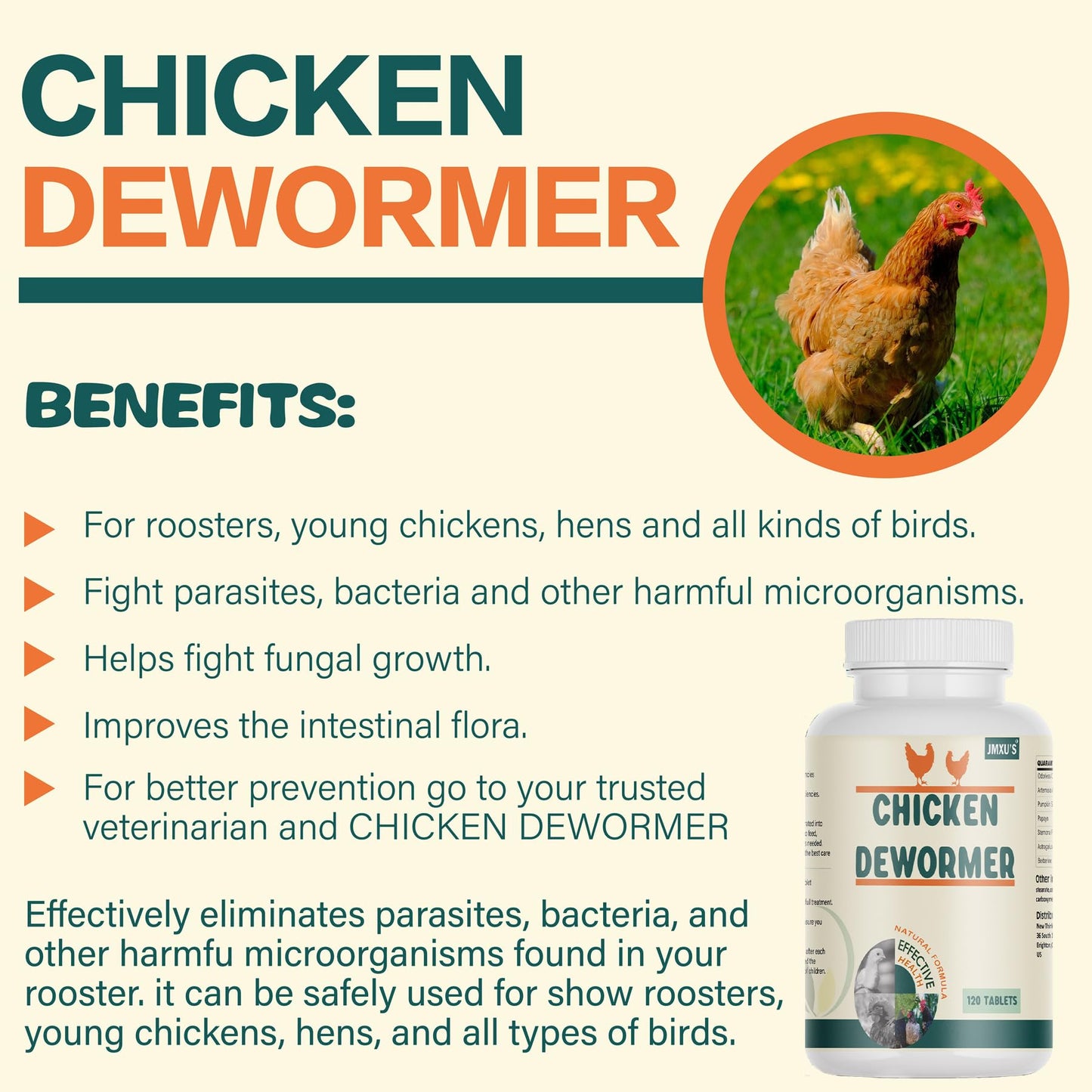 Jmxu's Chicken Dewormer, All Natural Formula Poultry Dewormer, Safeguard Chicken Medicine for Laying Hens, Chicks, Roosters, Turkeys to Relieve and Prevent Worms, 120 Tablets