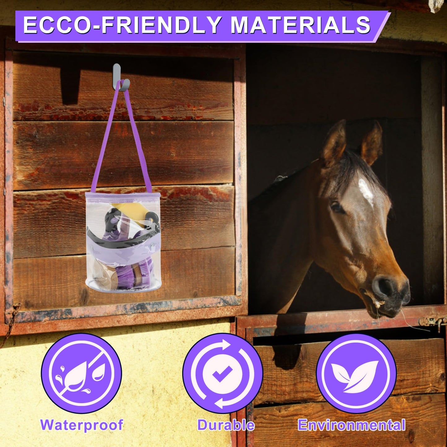 GINDOOR 9 Pieces Grooming Kit with Tote Bag, Sweat Scraper, Sponge, Hoof Pick, Curry Comb for Horse Riders Beginners (Purple)