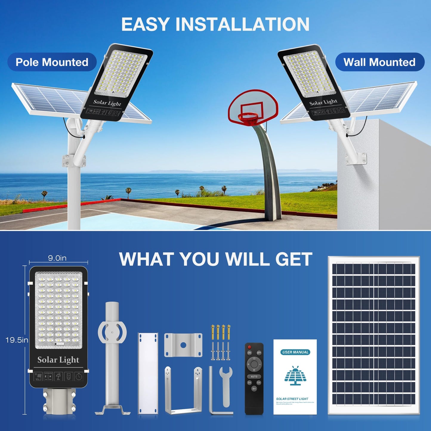 OKPRO 10000W Solar Street Lights Outdoor - 6500K Commercial Parking Lot Lights Dusk to Dawn, Heavy Duty LED Street Light with Remote Control, High Powered Solar Flood Light for Driveway(2Pack)