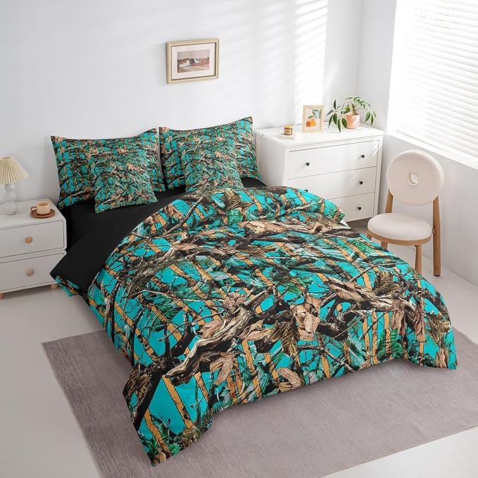 Feelyou Tree Branches 7 Pieces Bedding Set, for Kids Wild Hunting Leaf Bed Set King Size Botanical Tree Bed in a Bag with Comforter, Sheets, Pillowcases Bedroom Decor Nature Theme Teal Brown
