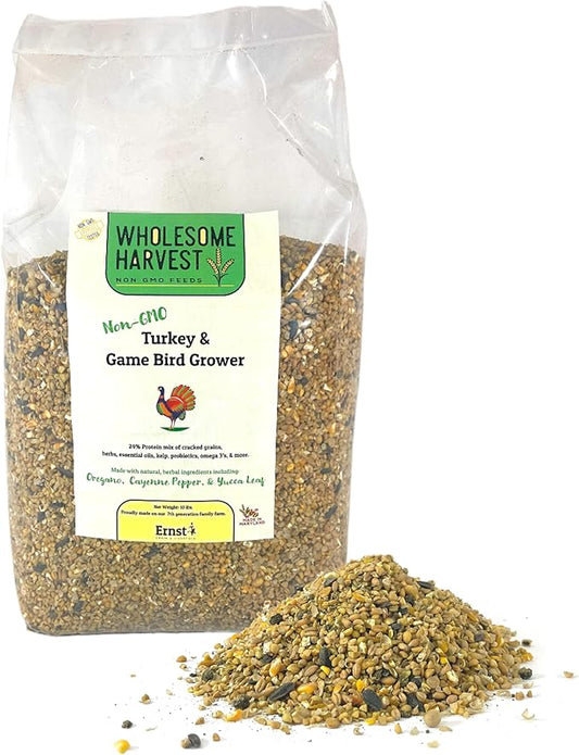 Non-GMO 10 lb Turkey Feed - Natural Peacock, Game Bird & Bird Feed, 24% High Protein Complete Food with Essential Oils, Herbs, Vitamins & Probiotics Formula for Healthy Flock Growth