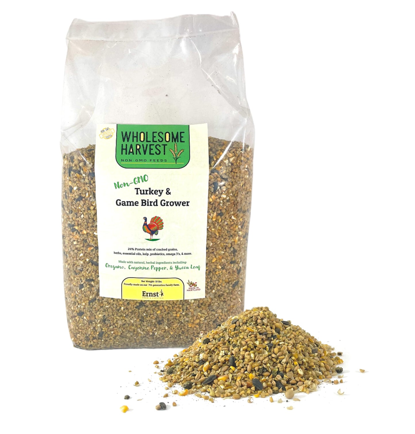 Wholesome Harvest Non-GMO 10 lb Turkey Feed - Natural Peacock, Game Bird & Bird Feed, 24% High Protein Complete Food with Essential Oils, Herbs, Vitamins & Probiotics Formula for Healthy Flock Growth