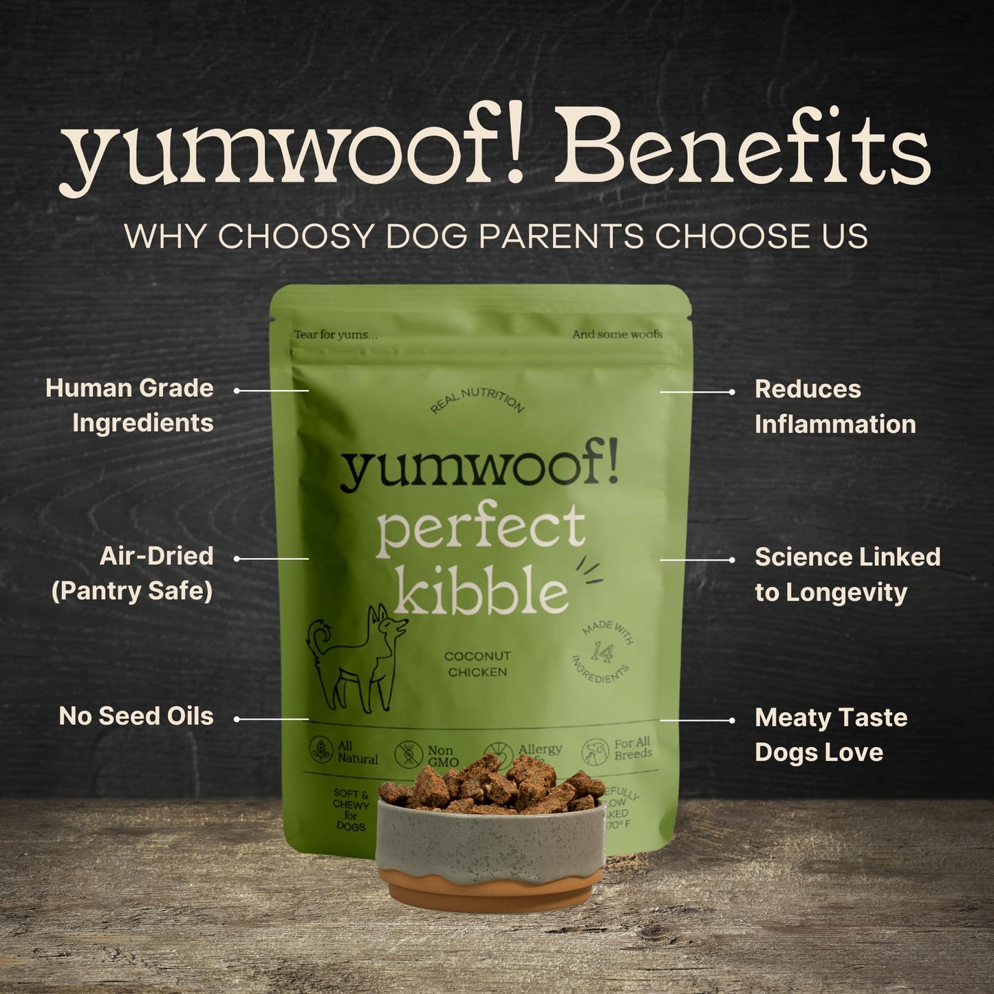 Yumwoof Perfect Kibble Non-GMO Air Dried Dog Food | Improves Allergies & Digestion with Organic Coconut Oil, MCTs & Antioxidants | Vet-Approved Soft Dry Diet | Made in USA (Chicken 3.5lbs)