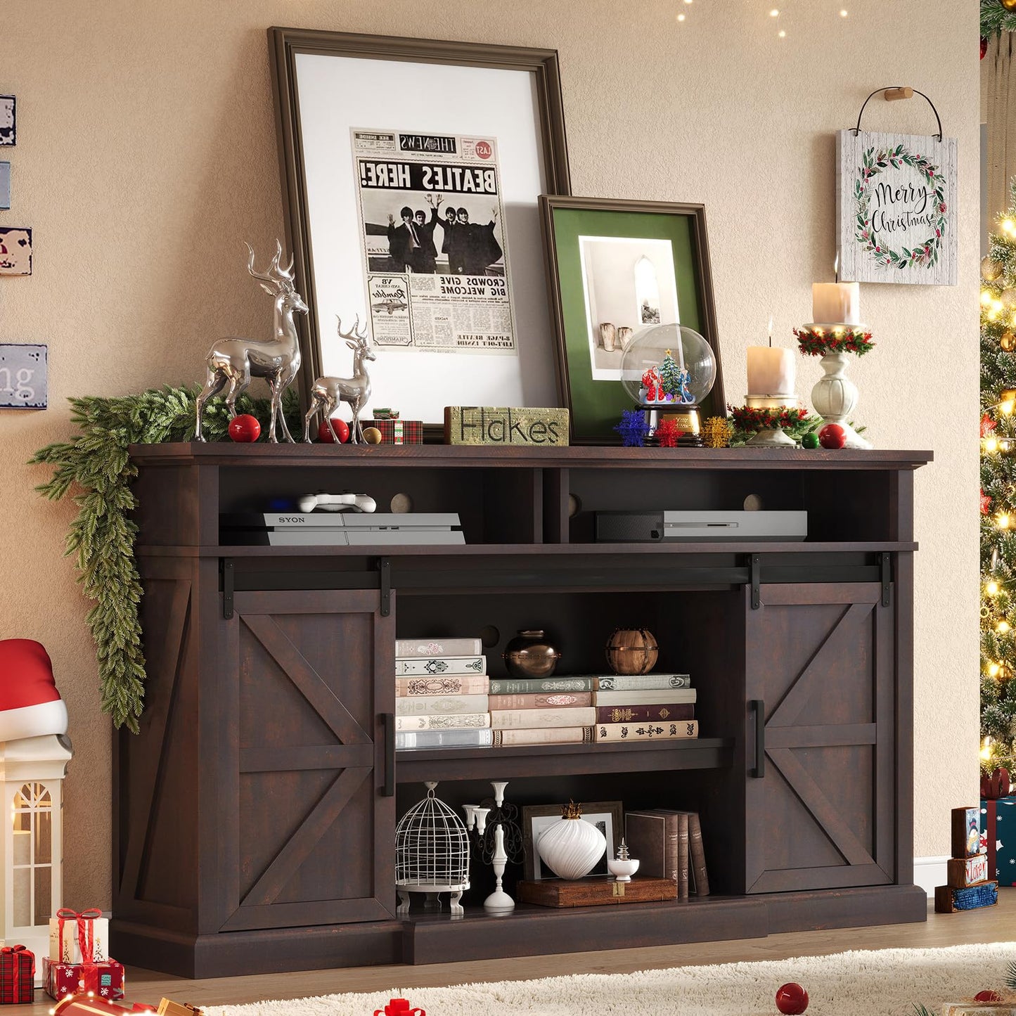 LUXOAK 66" Farmhouse TV Stand for 75 Inch TVs, 40" Tall Entertainment Center with Sliding Barn Doors, Rustic Media Console Table Storage Cabinet with Adjustable Shelves, Living Room, Sawdust Brown