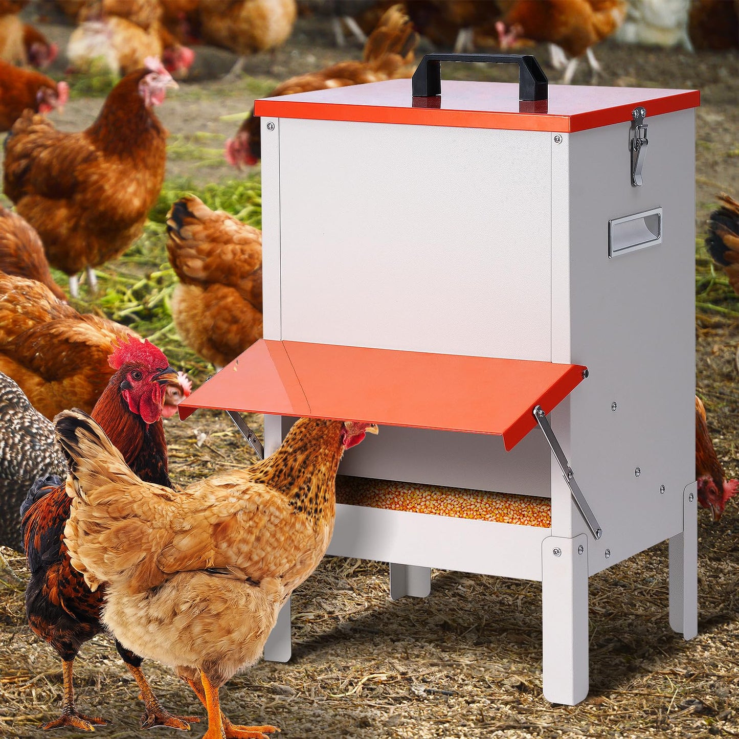 PKNYBZH 30lbs Automatic Chicken Feeder and Duck Feeder，Large Poultry Feeder for Chickens, Ducks, Geese, Pigeons, Dogs, Cats (Orange)