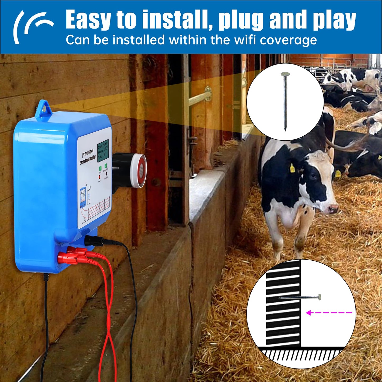 ATMOREA Smart Electric Fence Charger with Dual Alarm - 1.5/2 / 3 Joules Adjustable Energizer for Mobile Devices and Remote Control - Ideal for Poultry, Livestock, Gardens and Yards Safety