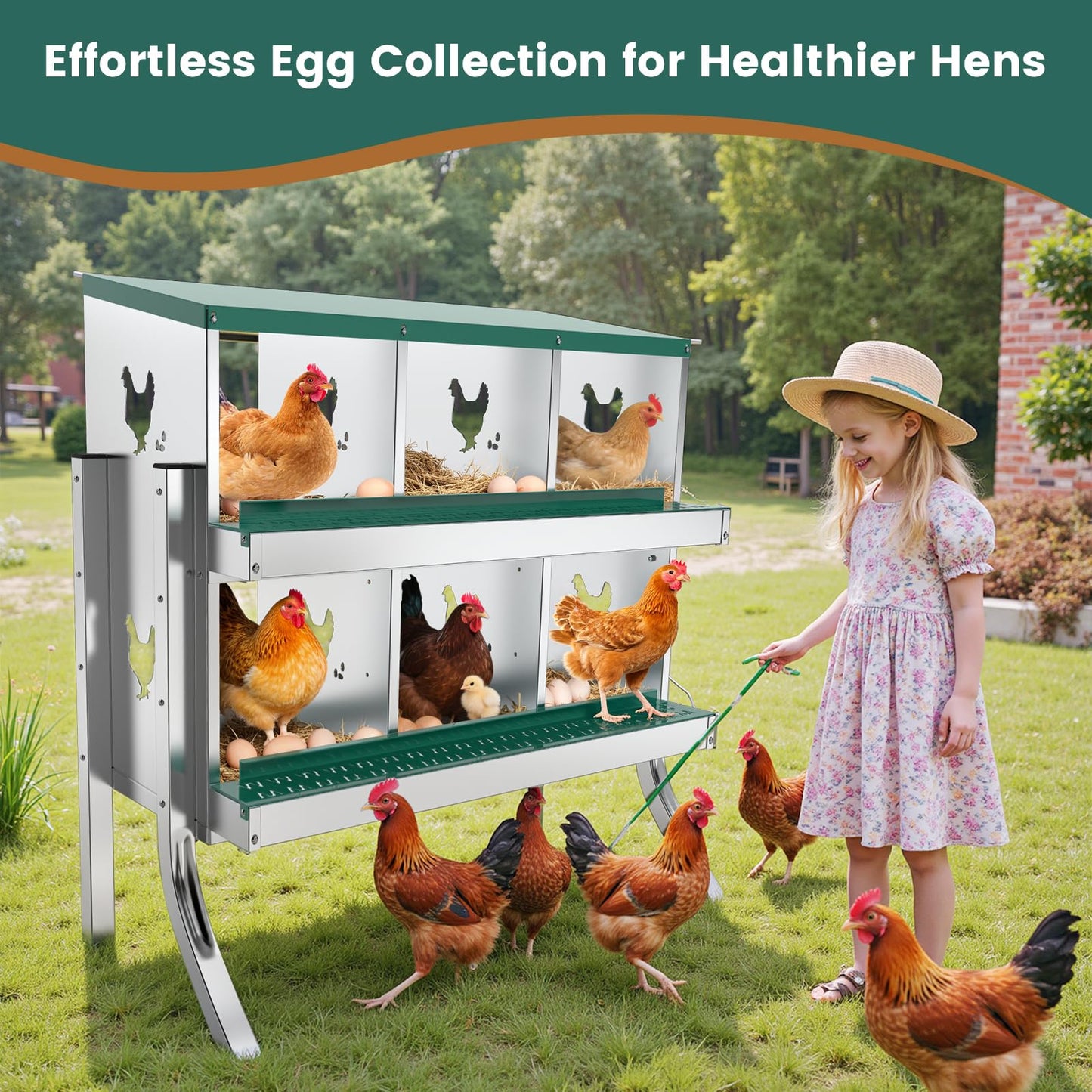 POWLAB 6 Compartment Chicken Nesting Box with Elevated Metal Legs - Heavy Duty Roll Away Egg Collection, Secure Lid & Perch - Versatile Wall Mount or Free Standing Design for Chickens, Hens, Ducks