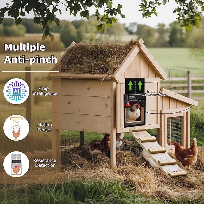 Automatic Chicken Coop Door – Programmable with App, Battery/Solar Panel/Grid Operated, Multiple Anti-Pinch w/Resistance Detection & Motion Sensor, Plug&Play Electric Aluminum Chicken Door