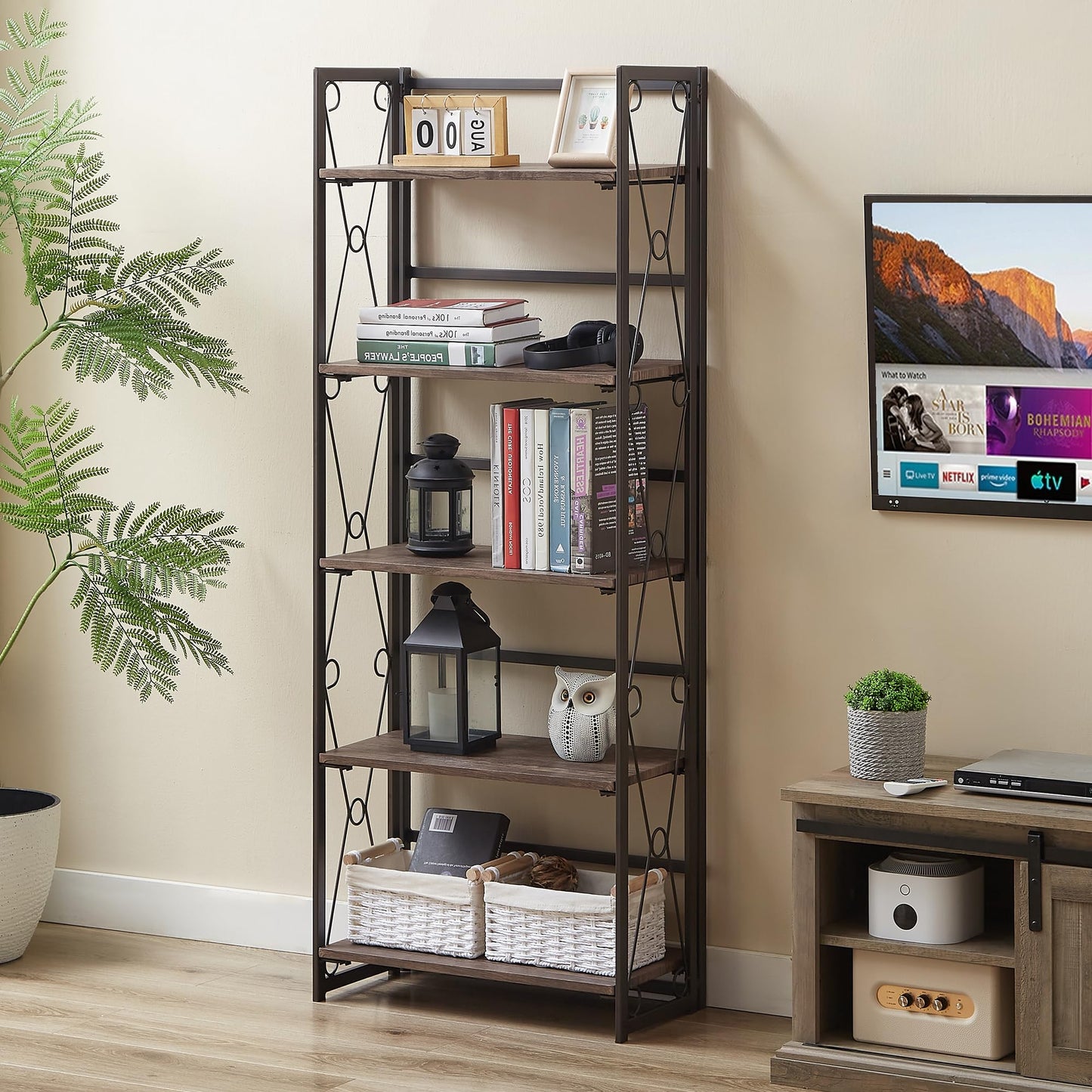 VECELO 2 Set Folding Bookshelf 5-Tier,Industrial Metal Frame & Wood Shelves,Foldable Bookcase No Assembly Free Standing Storage Organizer for Living Room,Office,Bedroom