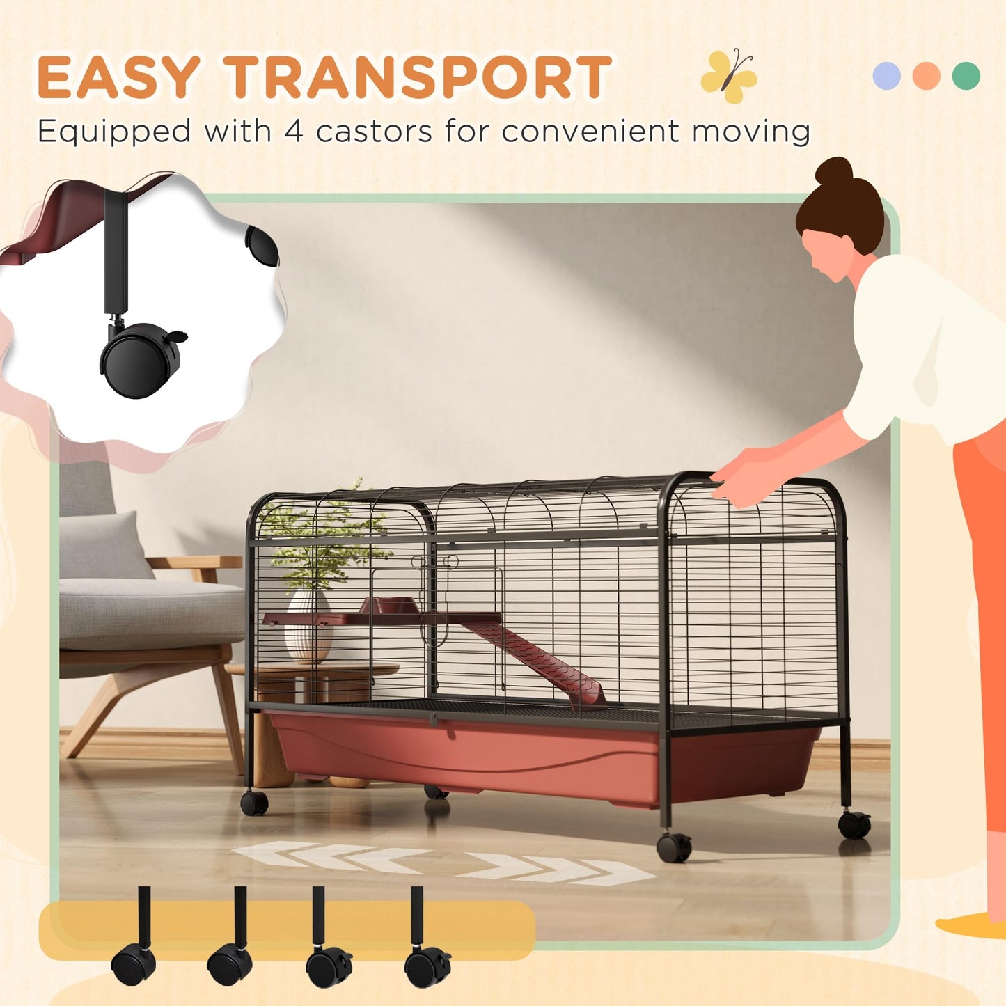 PawHut 48" L Small Animal Cage, Rabbit Hutch, or Ferret Pet Play House with Feeder, Rolling Wheels, Platform, Ramp