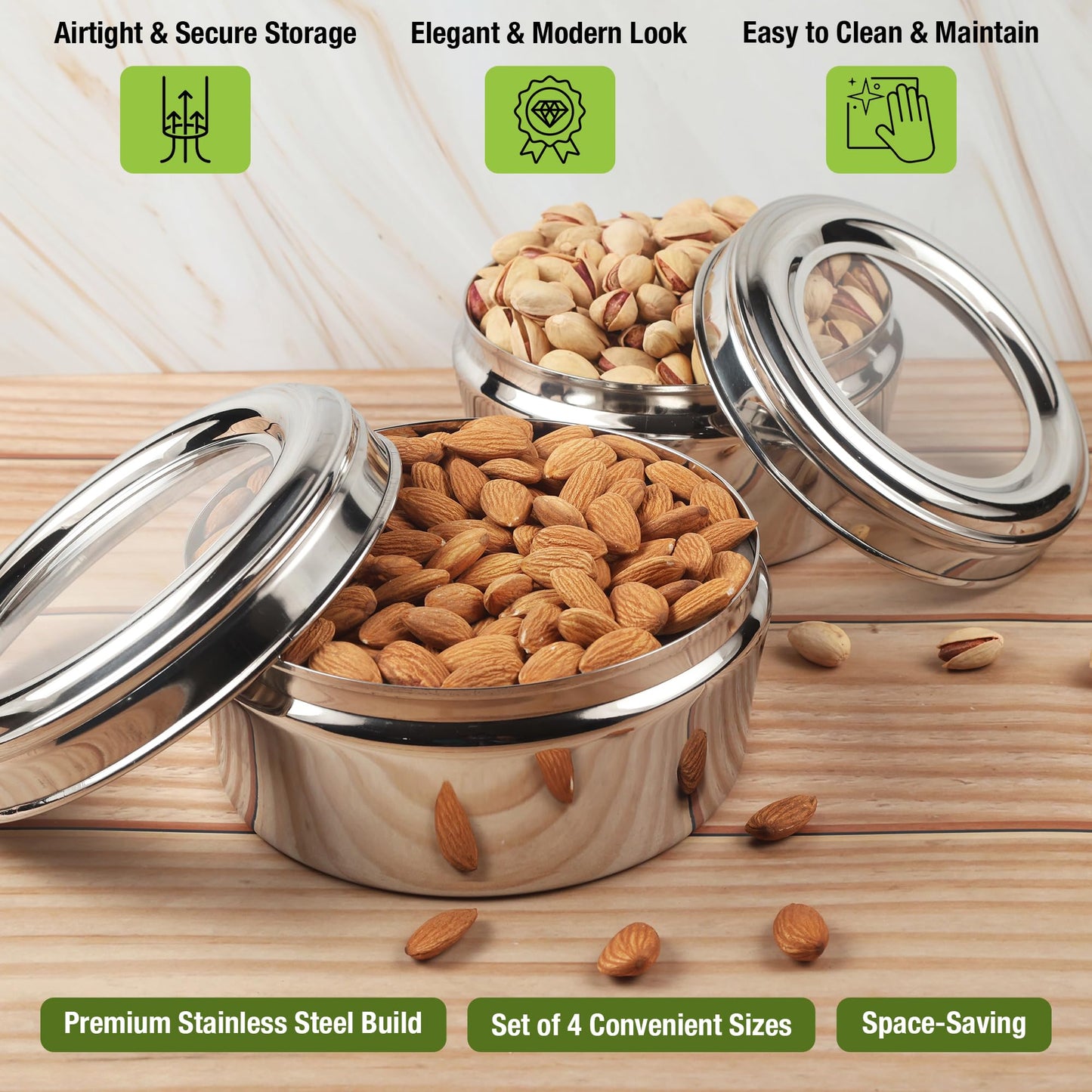 KSJONE Stainless Steel Airtight Food Storage Containers with See Through Lid Dry fruits Storage Box, Perfect For Camping Trips, Lunches, Leftovers, Salads (30 Oz, 24 Oz, 17 Oz, 12 Oz)