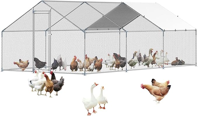 VEVOR Large Metal Chicken Coop, 19.7x9.8x6.5ft Walk-in Chicken Runs for Yard with Cover, Spire Roof Hen House with Security Lock for Outdoor and Backyard, Farm, Duck Rabbit Cage Poultry Pen