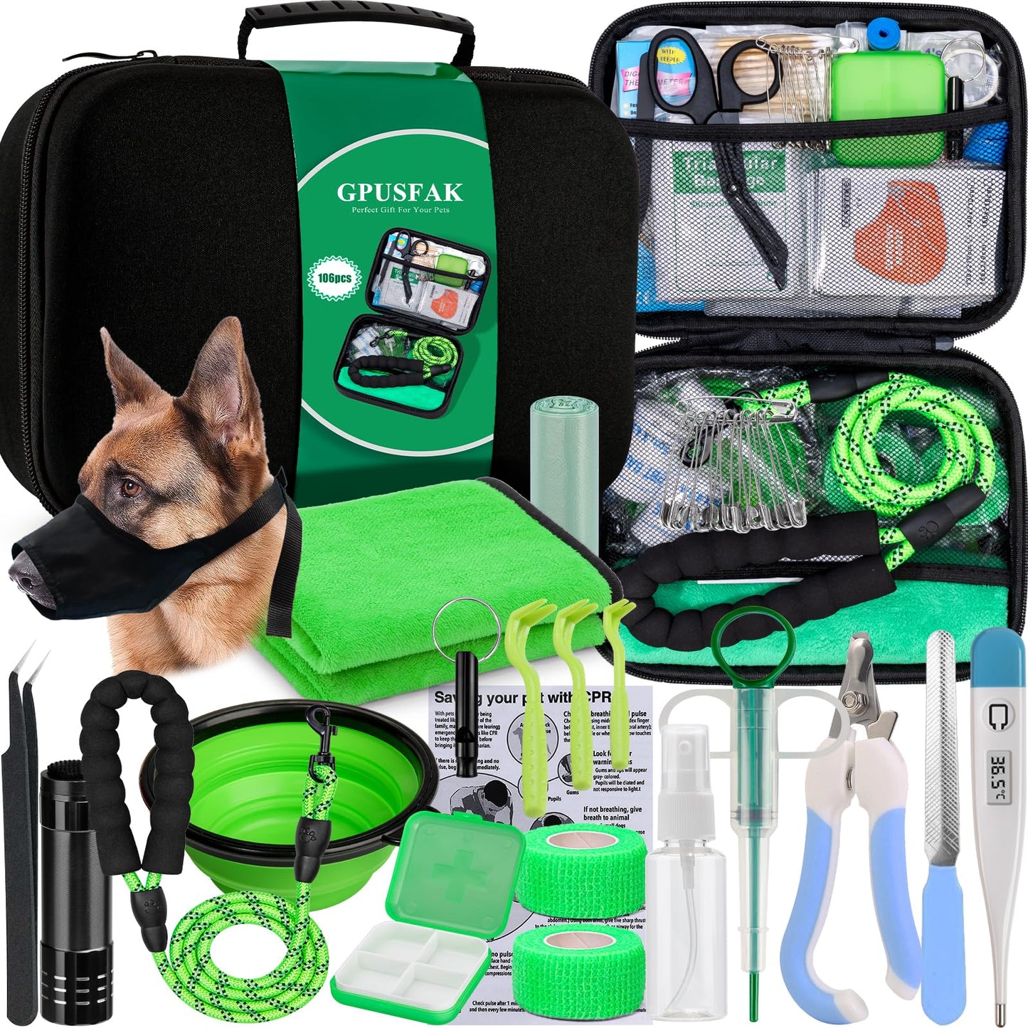 GPUSFAK Pet First Aid Kit for Dogs - Pet Emergency Kit for Camping Hiking Traveling Hunting and Sports (Green)