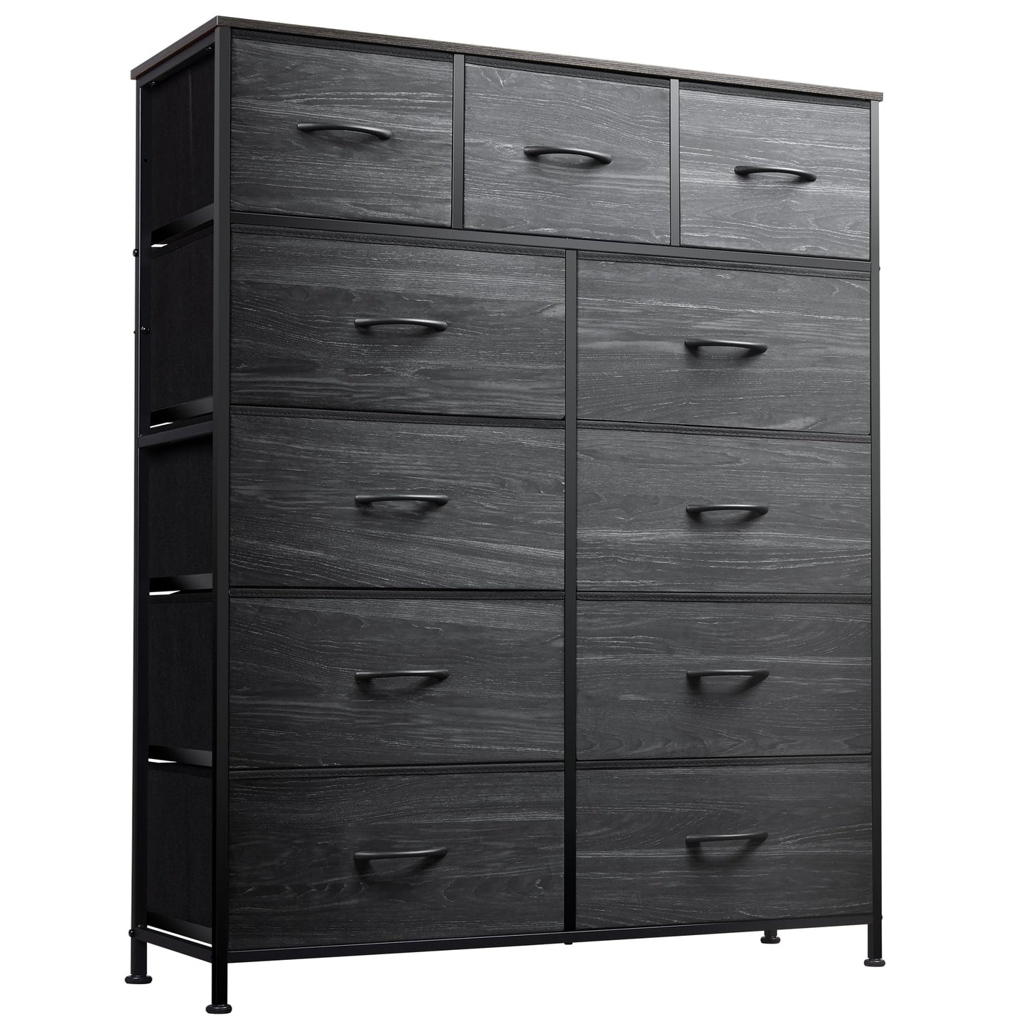 WLIVE Storage Organizer Unit with 11 Fabric Bins, Storage Drawers Organizer with Steel Frame, Tall Storage Tower Organizaton for Living Room, Hallway, Office, Charcoal Black Wood Grain Print