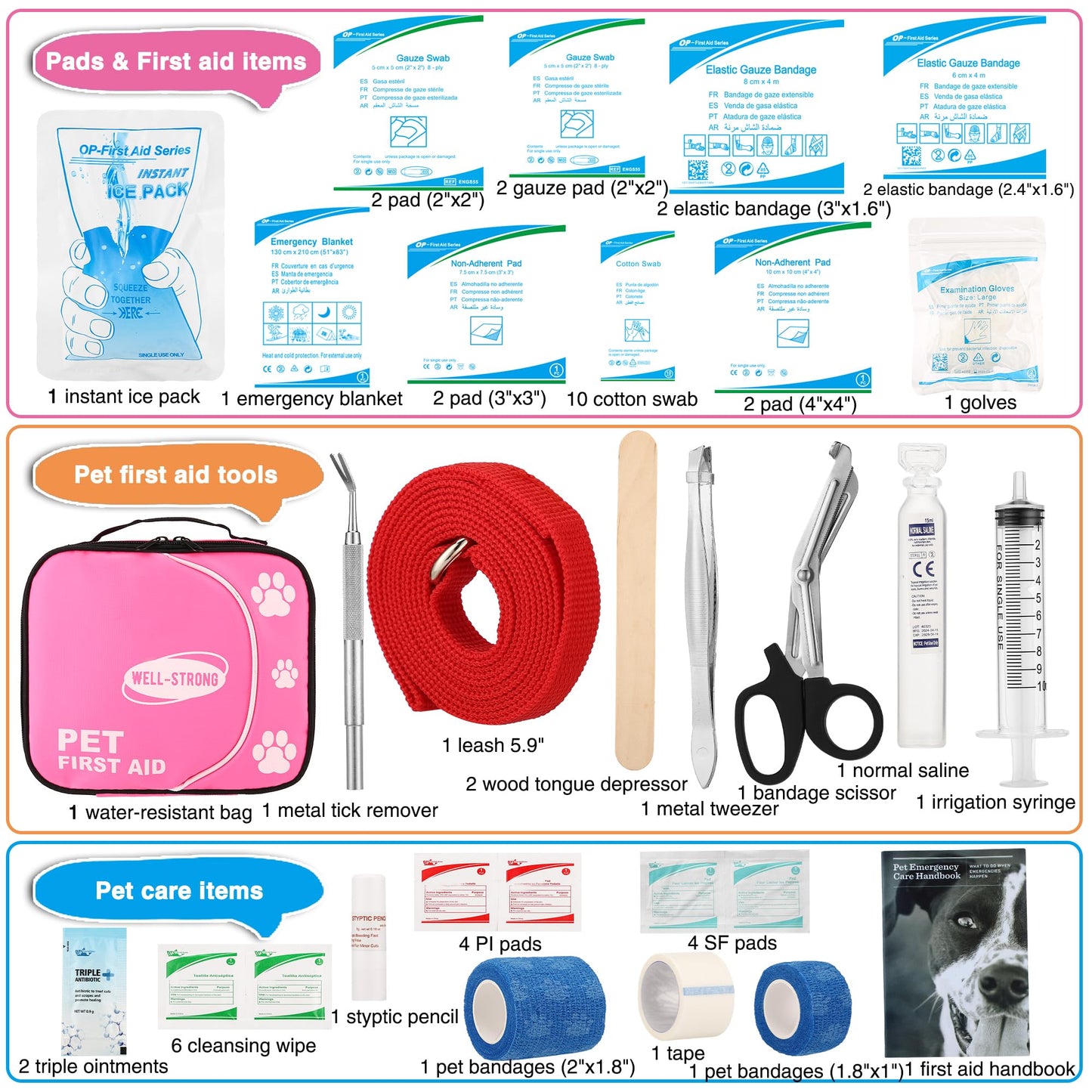 WELL-STRONG Pet First Aid Kit - Vet-Approved Survival Essentials for Dogs & Cats | Immediate Care Emergency Supplies with Trauma Pad, Tweezers & Bandages | Compact Travel Kit for Home, Camping, Car