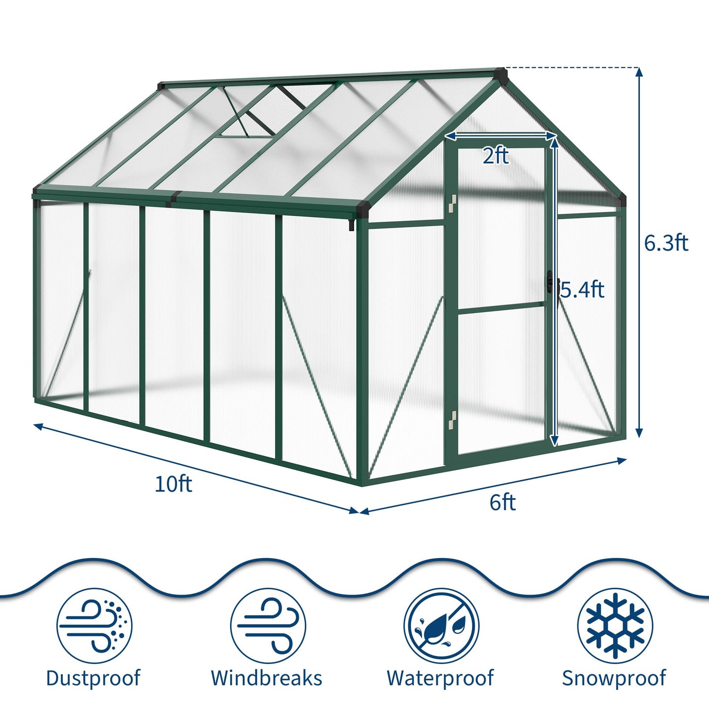 6x10 FT Greenhouse, Easy Assembly Aluminum Polycarbonate Greenhouses for Outdoors with Roof Vent and Ground Nails, Heavy Duty Aluminum Walk-in Greenhouse for Backyard, Sliding Lockable Door, Green