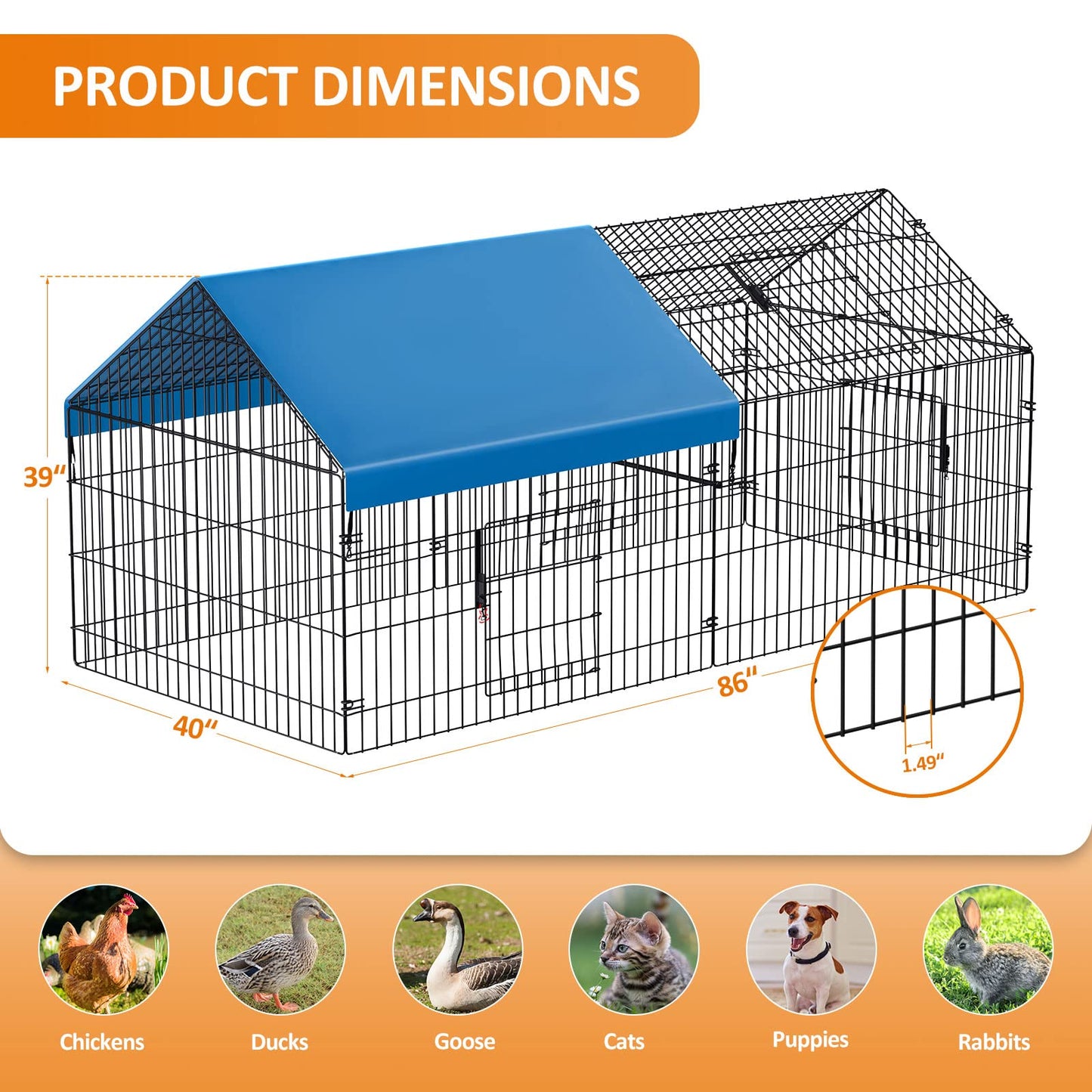 INJOPEXI Metal Chicken Coop 86"×40"×39" Chicken Runs for Yard with Cover Chicken Playpen Enclosure Chicken Pen Kennel Duck CoopCage for Outdoor Backyard Farm Rabbit Small Animal Dog Poultry Cat Hutch