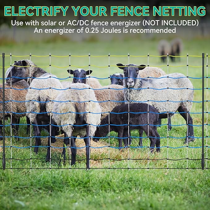 Highly Visible Blue Electric Fence Netting, 42.5" H x 164' L, Portable Livestock Nets Mesh for Goats, Sheep, Hogs, Dog, Electric Fencing for Backyards, Homesteaders, Farms Ranches, and Gardens