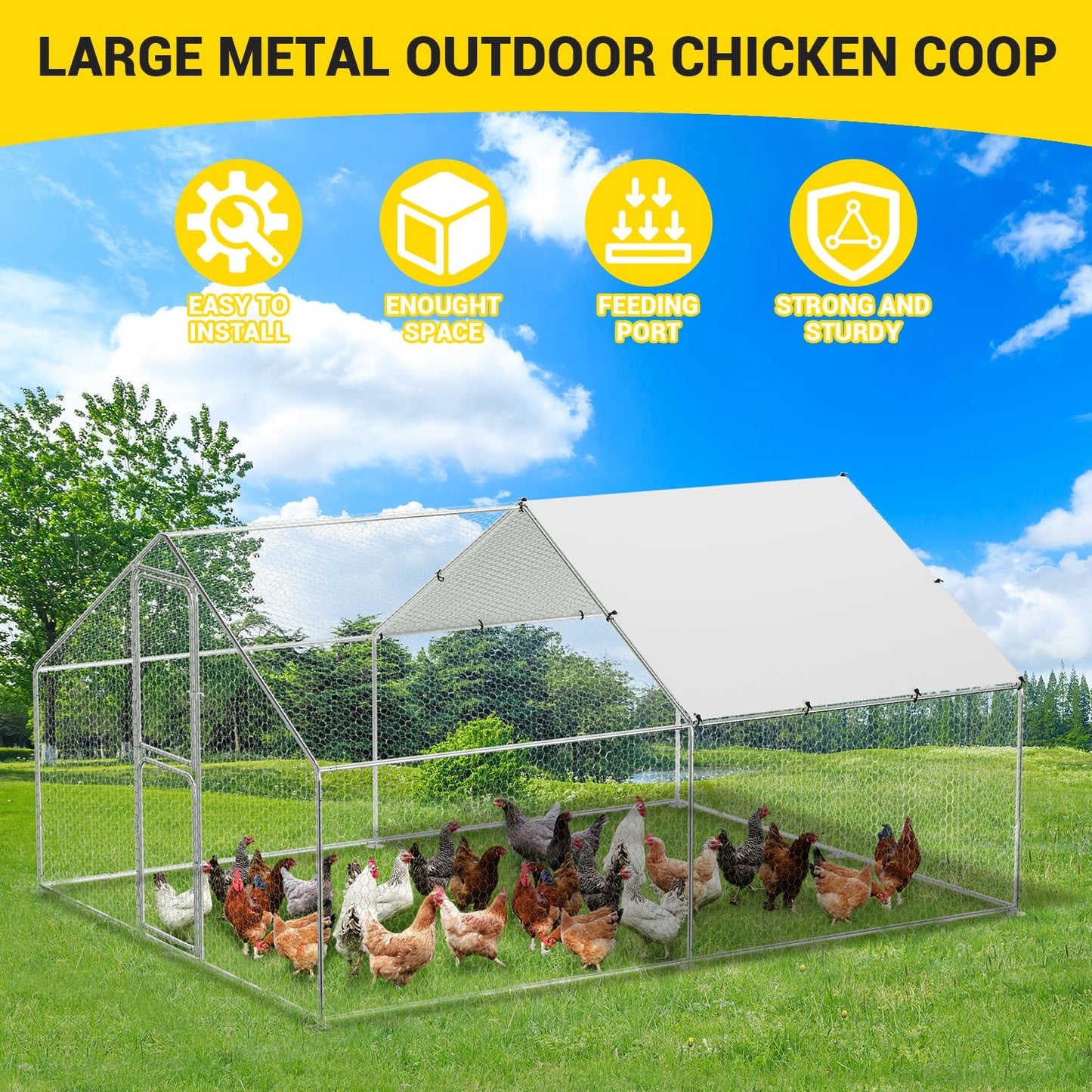 Metal Chicken Coop, Large Chicken Run with Cover, Outdoor Chicken Pen with Double Door, Walk in Chicken Coop for Outdoor Farm Yard (9.8'L x 13.1'W x 6.6'H)