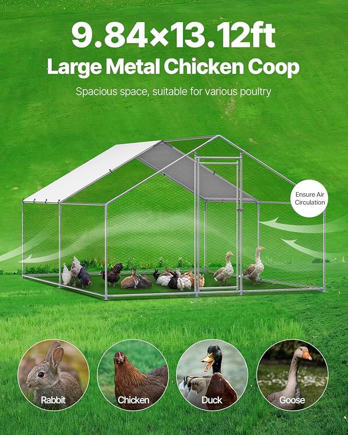 VEVOR Large Metal Chicken Coop, 9.8x13.1x6.5 ft Large Walk in Chicken Runs for Yard with Cover, Hen House Enclosure with Security Lock, Outdoor Duck Rabbit Cage Poultry Pen for Backyard, Farm, Yard