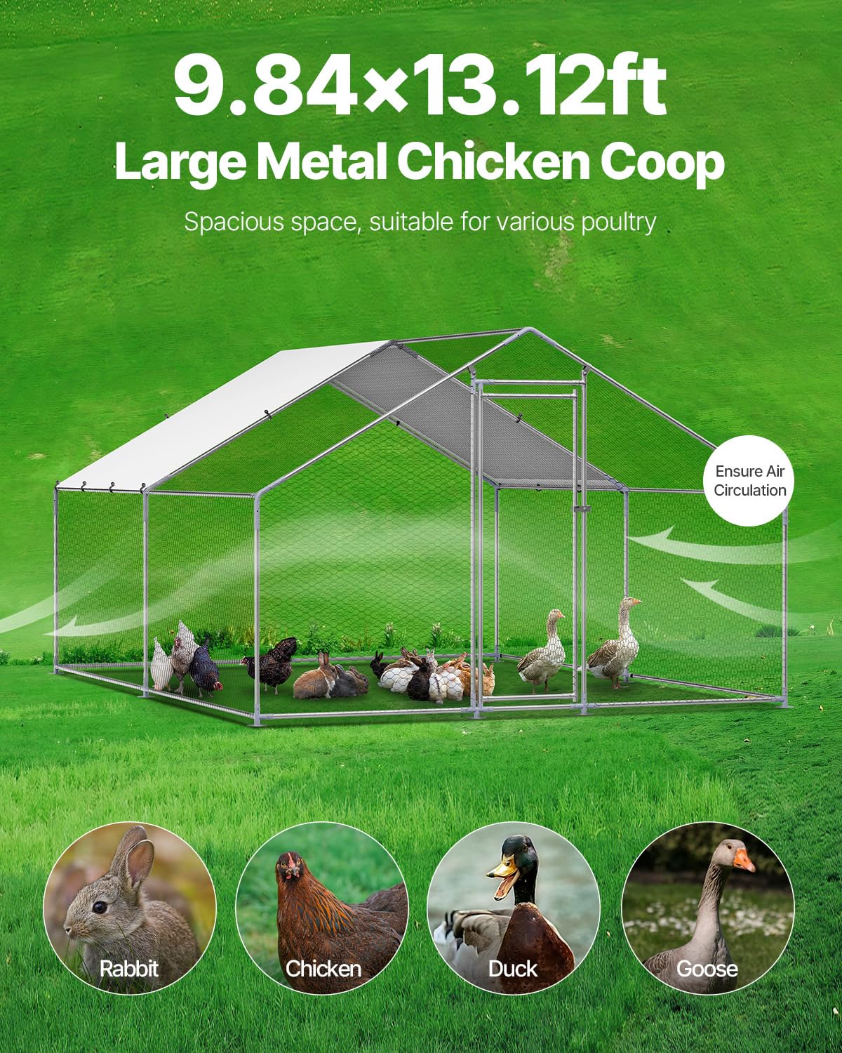 VEVOR Large Metal Chicken Coop, 9.8x13.1x6.5 ft Large Walk in Chicken Runs for Yard with Cover, Hen House Enclosure with Security Lock, Outdoor Duck Rabbit Cage Poultry Pen for Backyard, Farm, Yard
