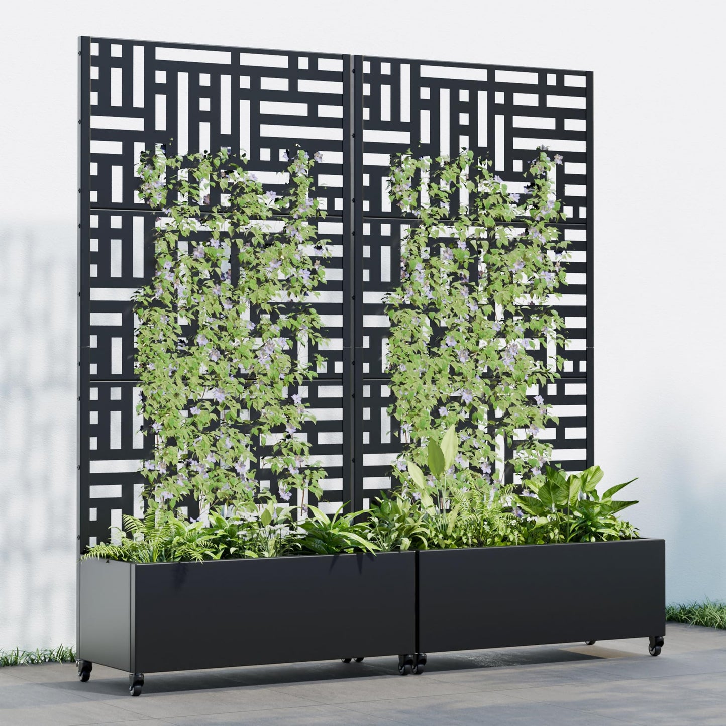 Casaphoria 72"x35" Metal Raised Garden Bed with Trellis(2 Pack), Outdoor Planter Box with Wheels & Drainage Holes for Climbing Plants, Flowers, Elevated Garden Kit with Privacy Screen, Black-Helen