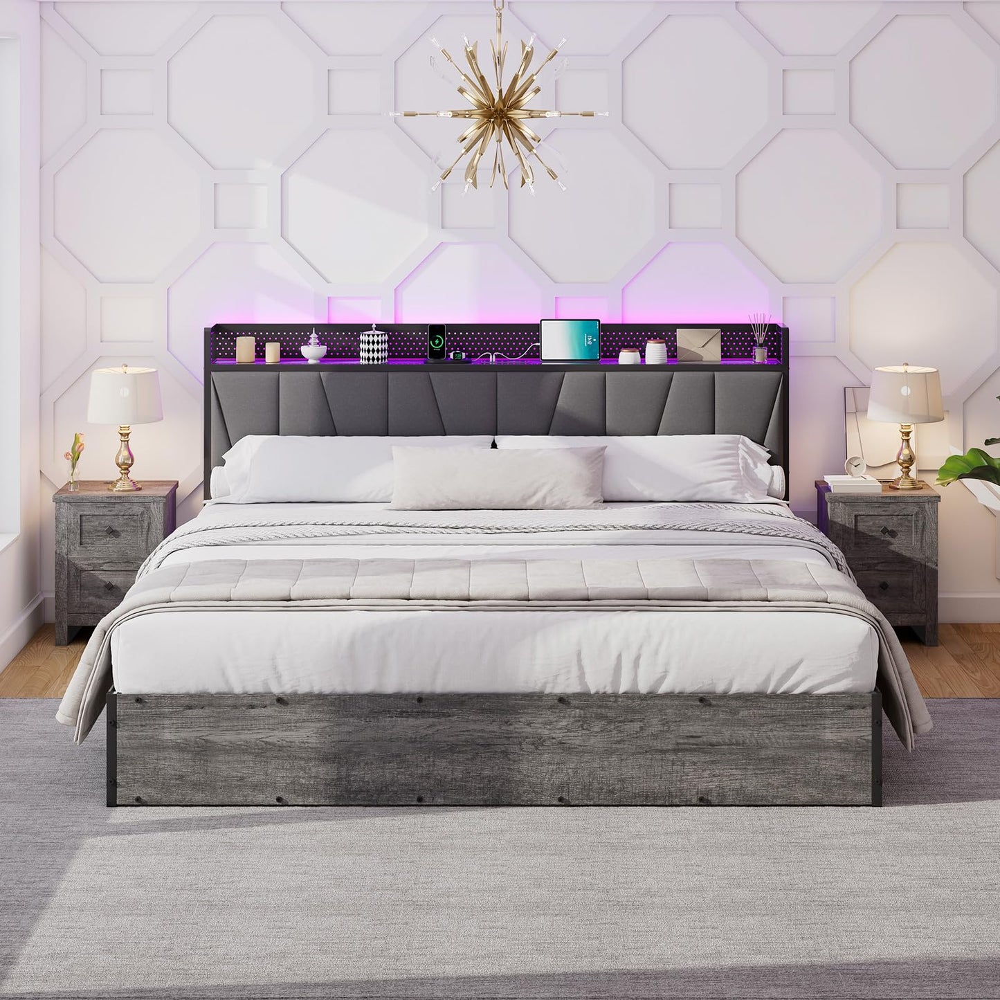 LUXOAK King Size Lift Up Storage Bed Frame with LED Lights, Linen Upholstered Headboard with Charging Station, Wooden LED Light Platform Bed Frame, No Spring Box Needed, Rustic Grey