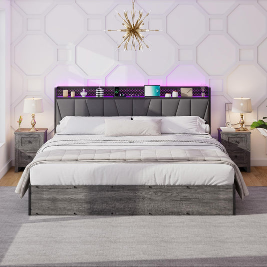 LUXOAK King Size Lift Up Storage Bed Frame with LED Lights, Linen Upholstered Headboard with Charging Station, Wooden LED Light Platform Bed Frame, No Spring Box Needed, Rustic Grey