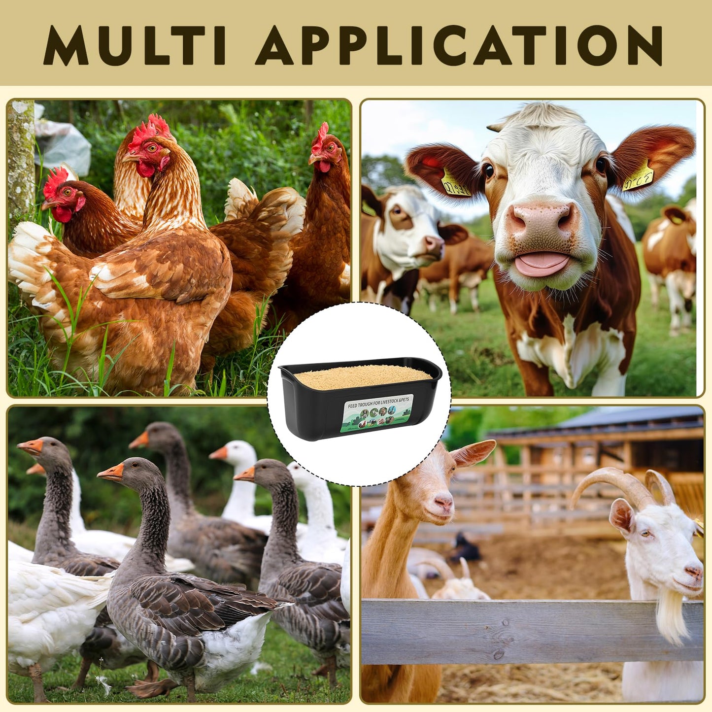 6 Pack Fence Feed Feeder 4.5 Quart Hanging Chicken Feeder Trough with Brush & Scoop Black Goat Hanging Fence Feeders Feeder with Hooks Screws & Zip Tie for Livestock Feeding Container Goats Supplies