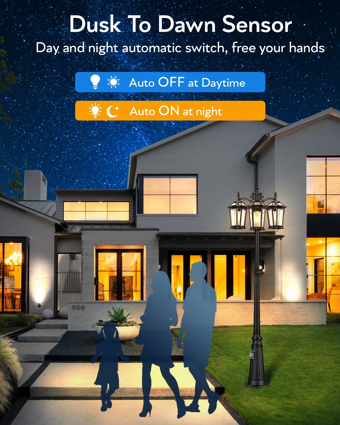 VIANIS Outdoor Lamp Post Light with Outlet 3-Head, Anti-Rust Lamp Posts Outdoor Lighting Dusk to Dawn, Waterproof Street Light Pole for Garden, House, Doorway, Weather Resistant