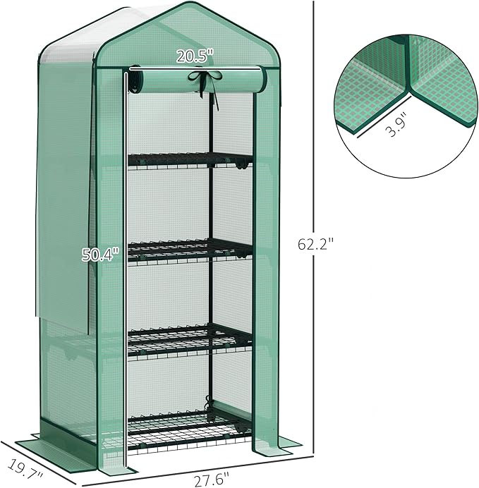 Outsunny 4 Tier Mini Greenhouse with Screen Roof, 27.6" x 19.7" x 62.2", Portable Small Greenhouse with High Strength PE Cover, Roll-Up Zipper Door for Garden Yard Backyard, Green