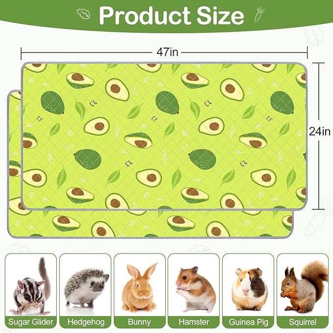Bienbee Guinea Pig Bedding, 2 Pack 47" x 24" Reusable Guinea Pig Cage Liner Waterproof and Absorbent Small Animal Bedding Washable Pee Pads for Small Pet Hamster Rabbit Squirrel, Avocado