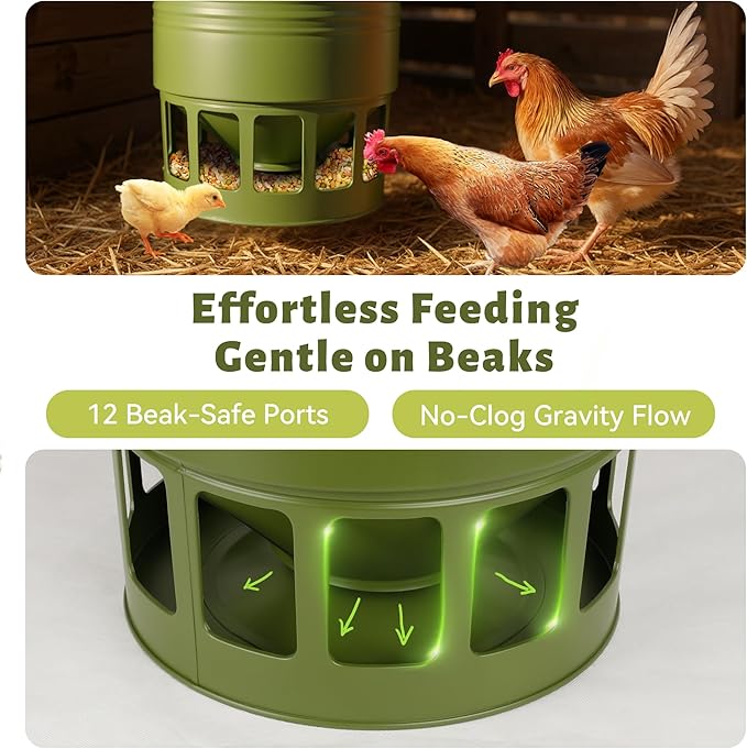Hanging Chicken Feeder – 20lbs Metal Chicken Feeder, Adjustable Poultry Feeder with 12 Ports, No Installation & Universal Height Design (Avocado Green, 20lbs)