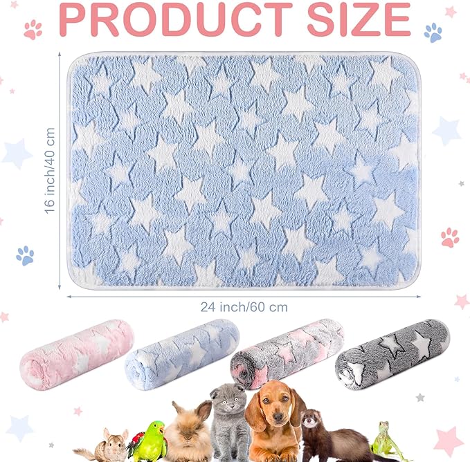 Reginary 4 Pcs Waterproof Guinea Pig Blankets Washable Small Animal Fleece Bedding Absorbent Guinea Pig Cage Liners Reusable Pet Pee Pad Sleep Mat for Hamster Ferret(Cute Star Pattern,24 x 16 Inch)