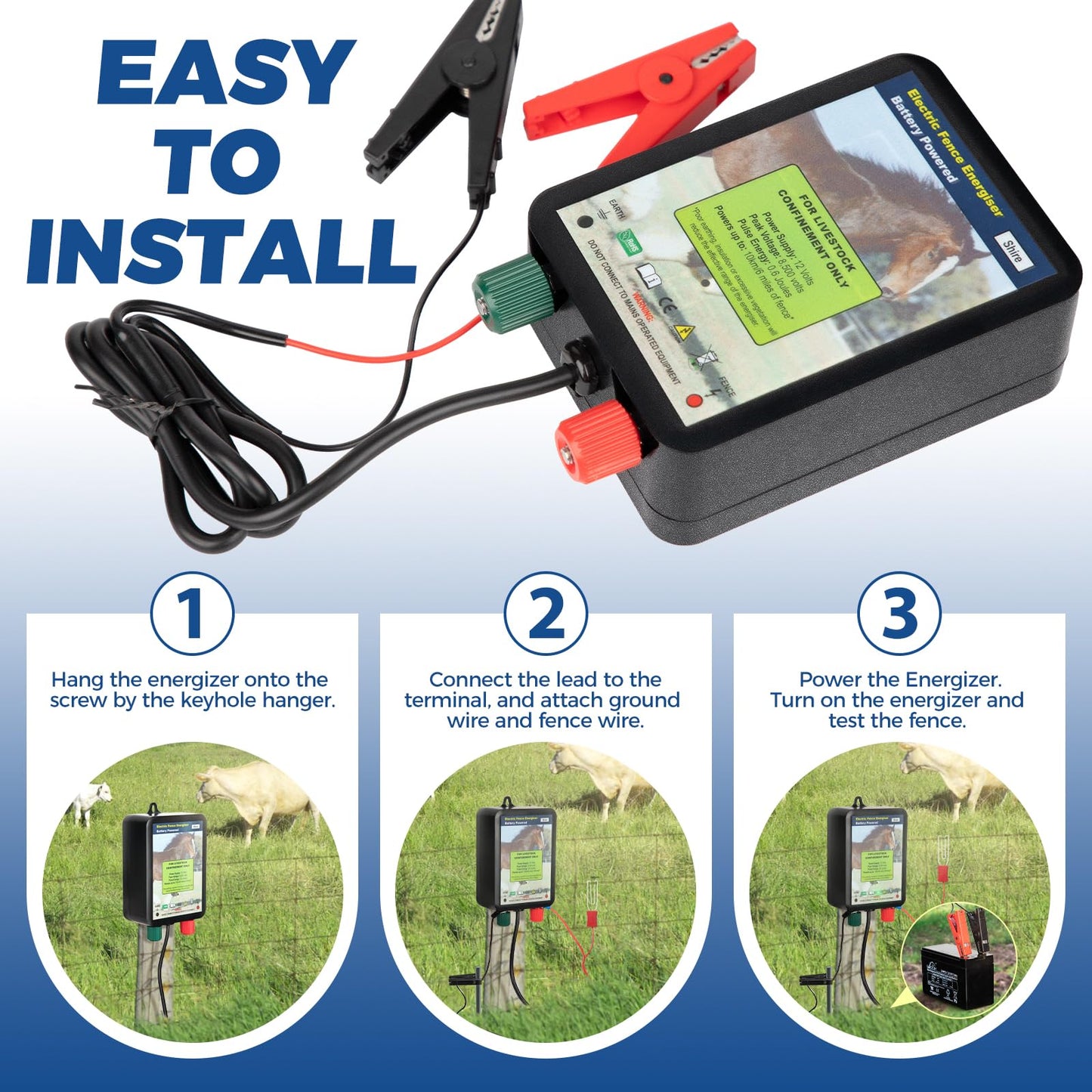 Andmon EF050 0.6 Joule Battery-Powered Electric Fence Energizer, 15miles/50acres Electric Fence for Dogs, High Power Low-Impedance Electric Fence for Secure Your Area with Confidence