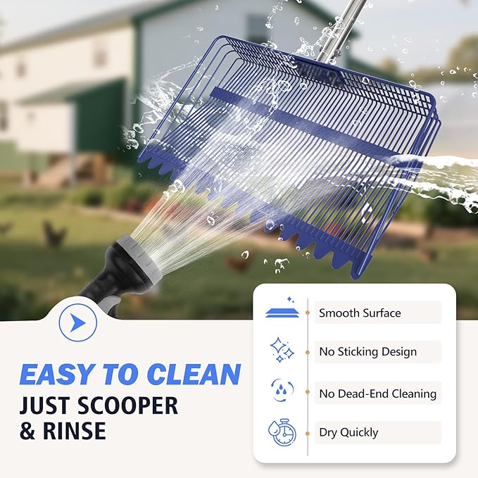 Chicken Poop Scooper & Rake 2-in-1 with Ergonomic Grip, Metal Chicken Coop Scoop for Sand with Adjustable 38”-77” Stainless Steel Handle, Extra Wide 15” Sifting Shovel Cleaning Tools