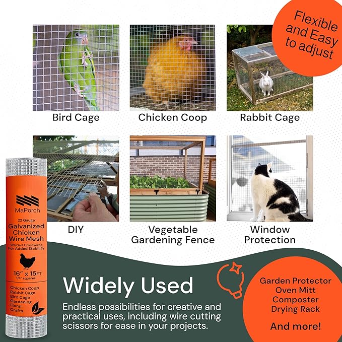 MaPorch Chicken Wire Mesh Hardware Cloth - 16" x 15 ft, 18-Gauge, 1/4-In Hex Galvanized Steel for Chicken Wire Fencing, Poultry Netting & Rabbit Fence - Includes Cutting Scissors