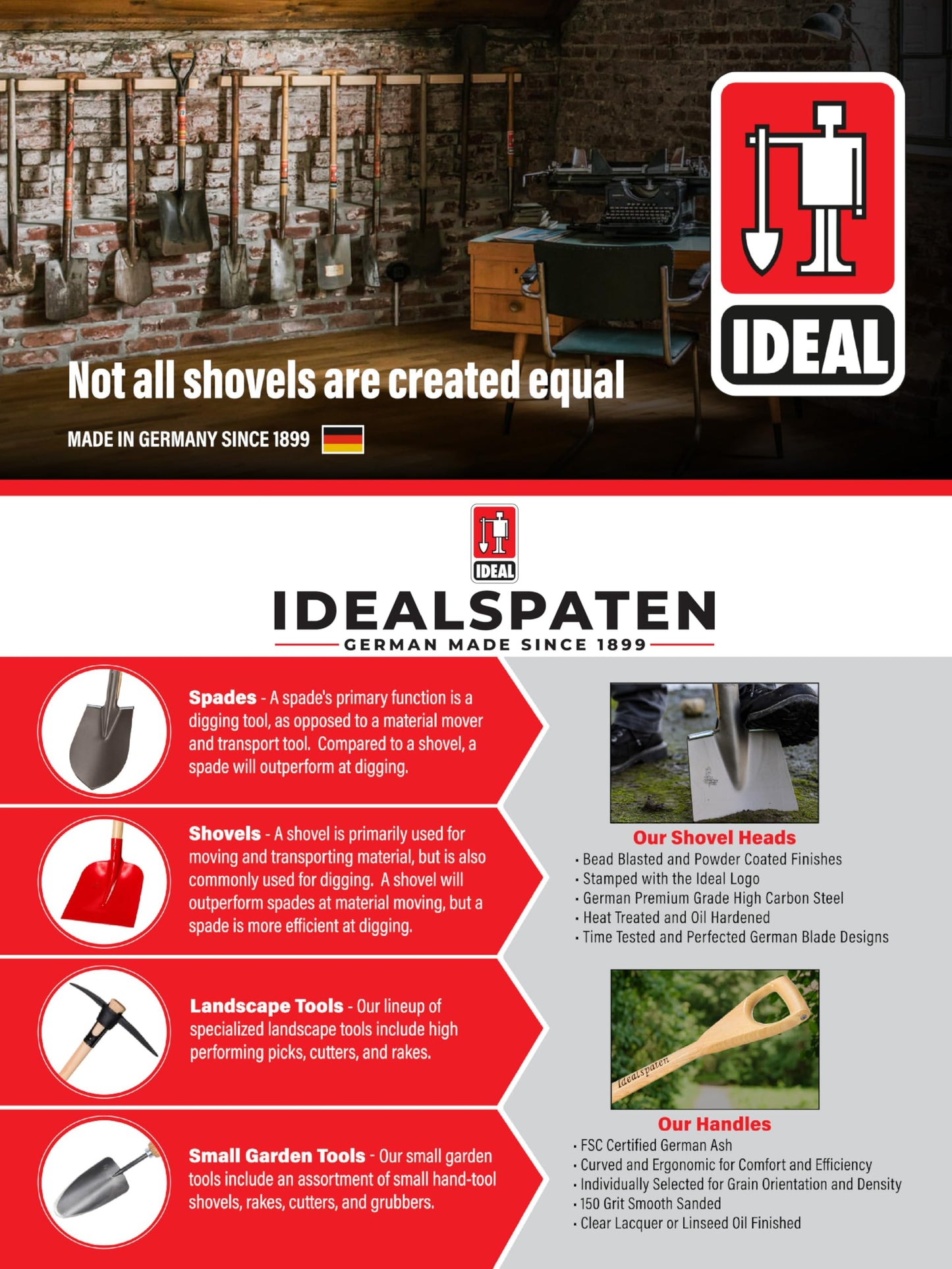 IDEALSPATEN Small Garden Tool Set Collection - 4 Piece Set - Panzer Field Shovel, Heidelberg Hand Mattock, Hanover Hand Rake, Lübeck Hand Shovel