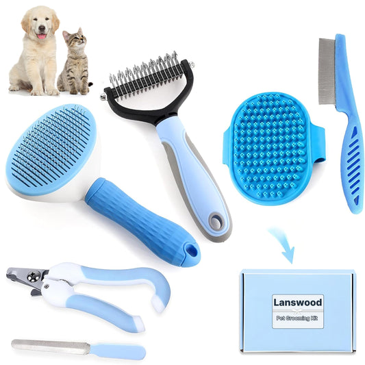 Lanswood Dog Brush Dog Grooming Kit 6PCS Dog Brush for Shedding-Dog Brushes for Grooming, Dematting Comb for Dogs, Cat Nail Clipper with Nail File, Flea Comb, Bath Brush-Blue