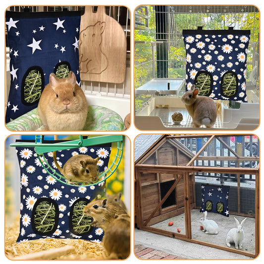 Upgraded Rabbits Hay Feeder Bag for Bunny, Guinea Pigs, Chinchillas - Hanging Washable 2-Hole Hay Dispenser with 600D Oxford Fabric, Small Animal Cage Accessories (Blue Daisy)
