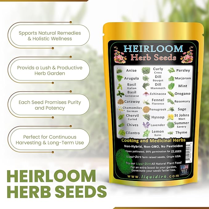 Herb Seeds 27 Varieties Liquidirt Heirloom Culinary and Medicinal - Over 12,000 Seeds - Non-Hybrid and No Chemicals and Non-GMO Survival Garden Seed Bank