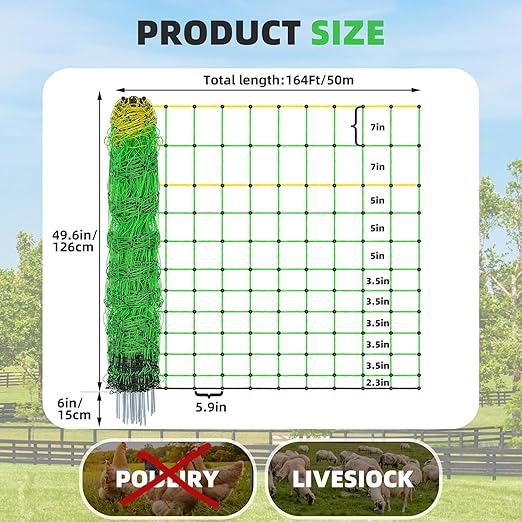 Electric Fence Netting,Livestock Neting,49.6" x 164' Portable Electric Net Fence for Goats,Sheep, Lambs,Hogs in Backyards,Farms,Ranches,Homesteads and Gardens,(14 Posts, 2 Spikes,Green)