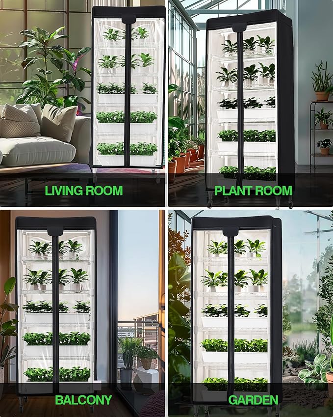 PYY Indoor Greenhouse with Grow Light - Upgrade Heavy Duty Metal 5 Tier Portable Outdoor Plant Green House Cabinet with Wheels, 600D Oxford Tent Cover, 60W PPFD T8 LED, Timer, Thermometer,Black