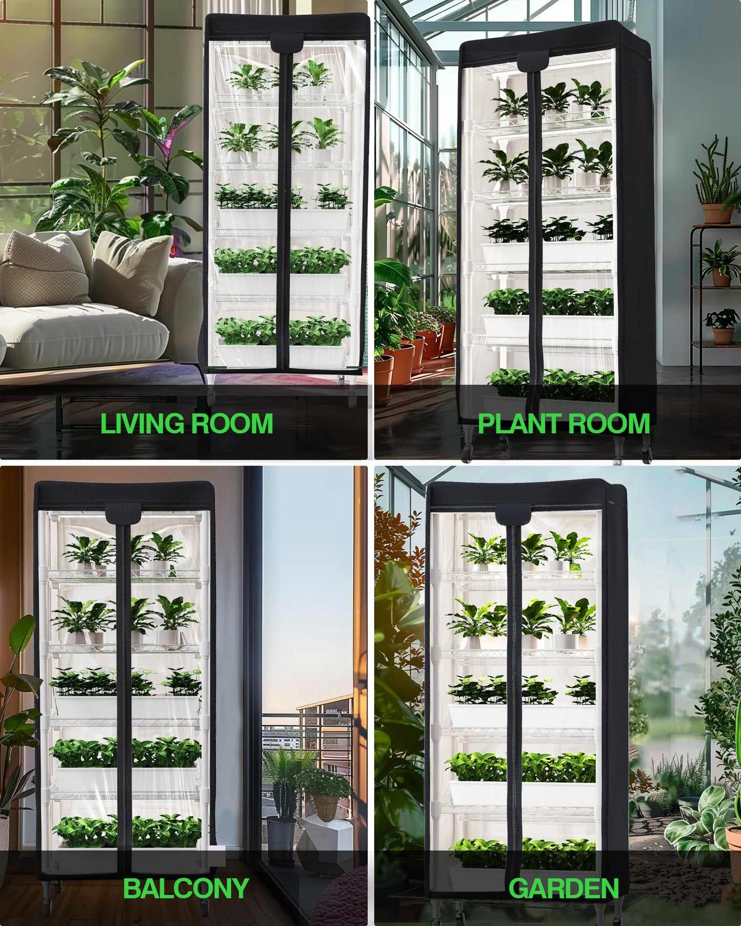 PYY Indoor Greenhouse with Grow Light - Upgrade Heavy Duty Metal 5 Tier Portable Outdoor Plant Green House Cabinet with Wheels, 600D Oxford Tent Cover, 60W PPFD T8 LED, Timer, Thermometer,Black