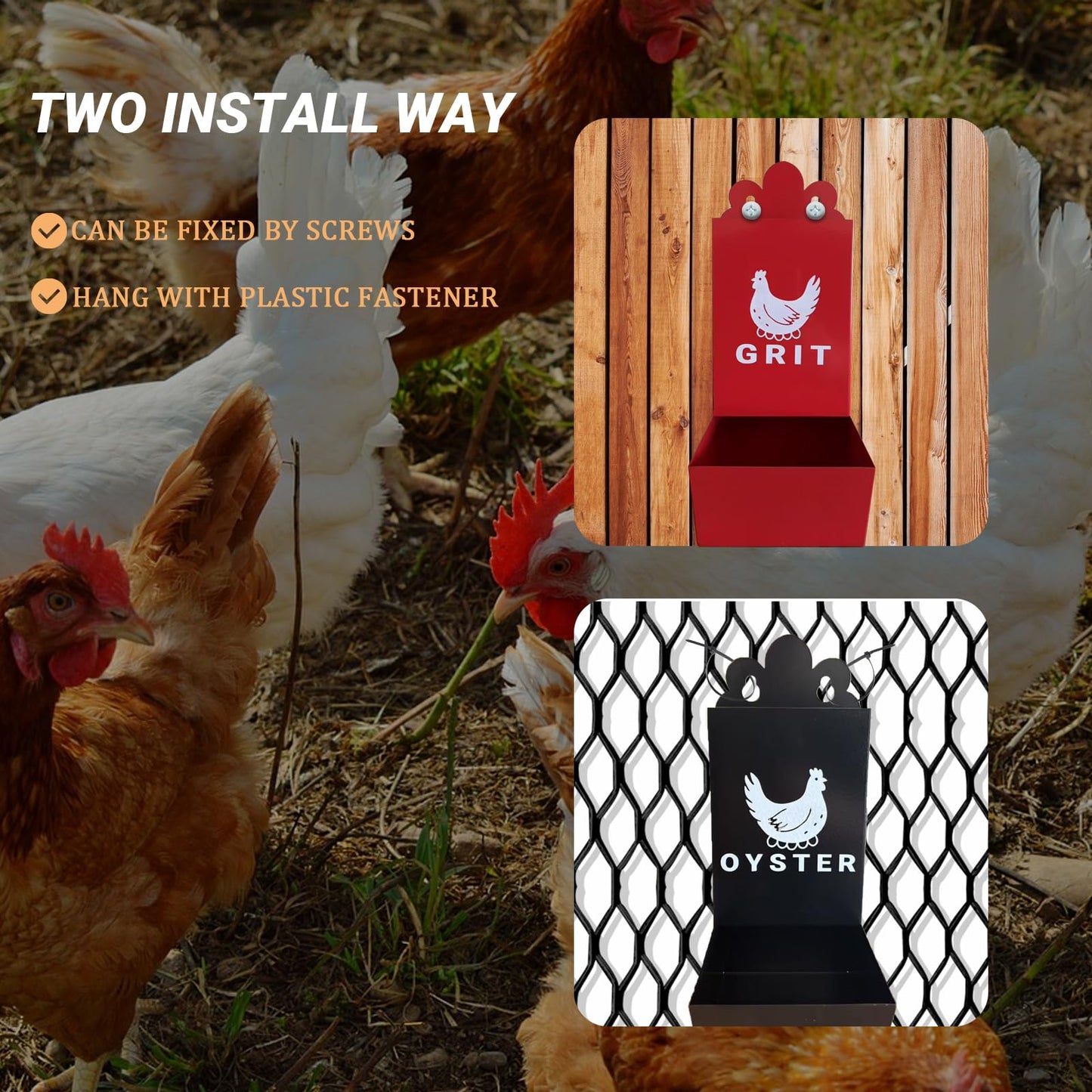 Chicken Oyster Shell Feeder and Grit Feeder Metal Chicken Feeder Chicken coop Accessories Automatic Chicken Feeder (Black & Red)