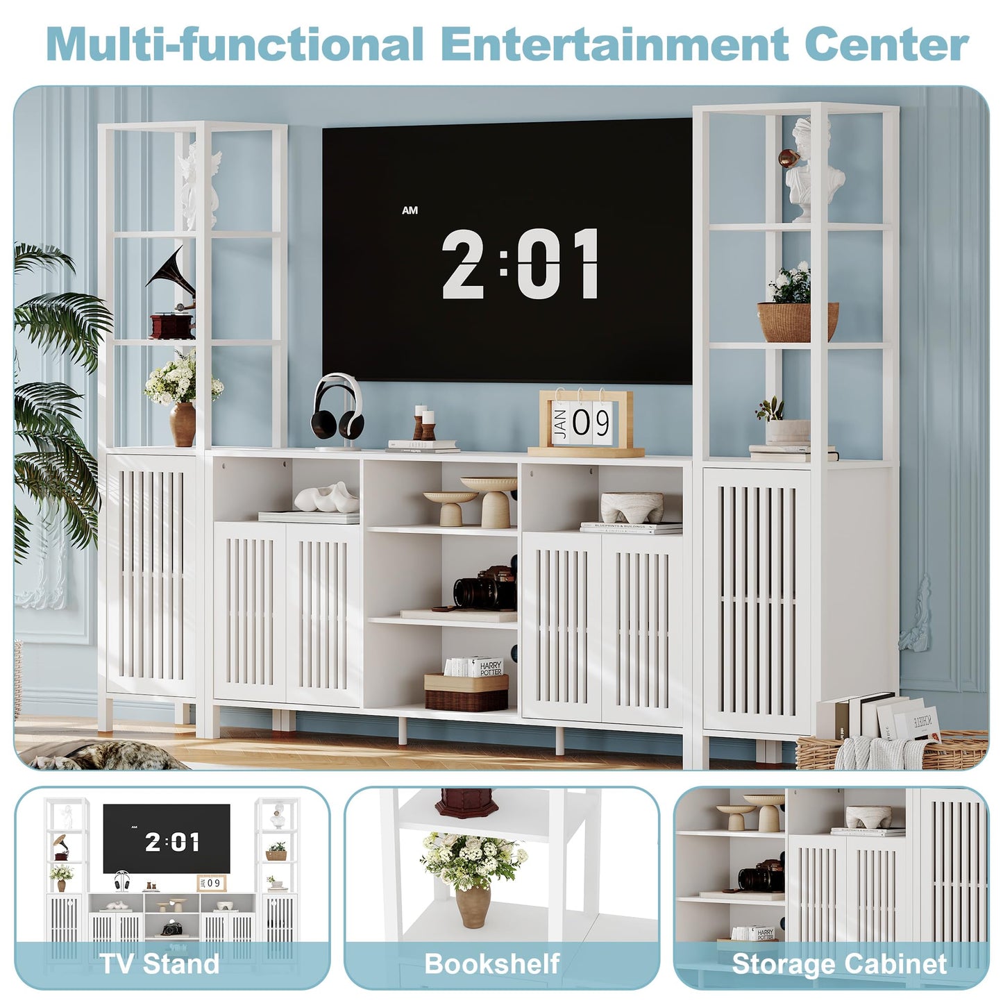 Farmhouse TV Stand for TVs Up to 70 in, Entertainment Center with Bookshelves, Media Center with Storage Cabinet & Adjustable Shelves for Living Room Bedroom Home Theater