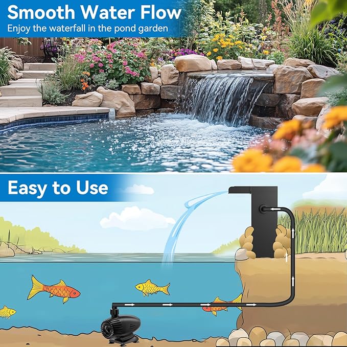 POPOSOAP 70W Pond Waterfall Spillway with Water Pump, 304 Stainless Steel Waterfall Kit with 9.8FT Corrugated Tube, Pond Waterfall Box for Outdoor Pond Waterfall Setup Waterfall System Garden Decor
