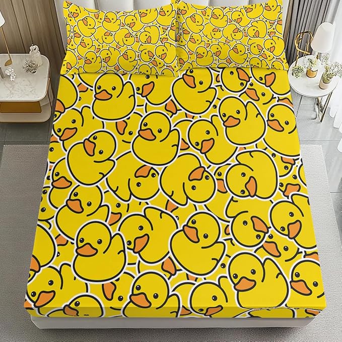 Yellow Rubber Duck Fitted Bed Sheet Set Kids Soft Microfiber Breathable Bedding All-Round Elastic Pocket 3 Pieces Fitted Sheet Set for Boys and Girls (King)