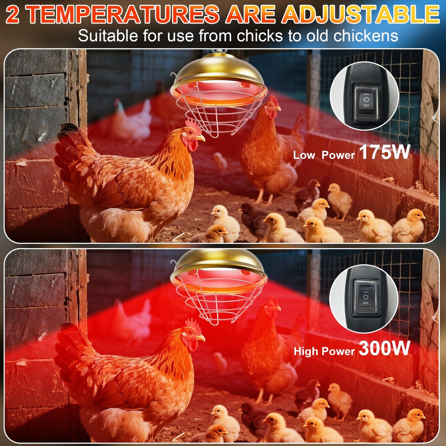 Nexum 300W Heat Lamp for Chickens, Chicken Coop Heating Lamp Brooder with Adjustable Temp & Height, Comes with a Spare Light Tube, Suitable for Livestock Supplies Warmer